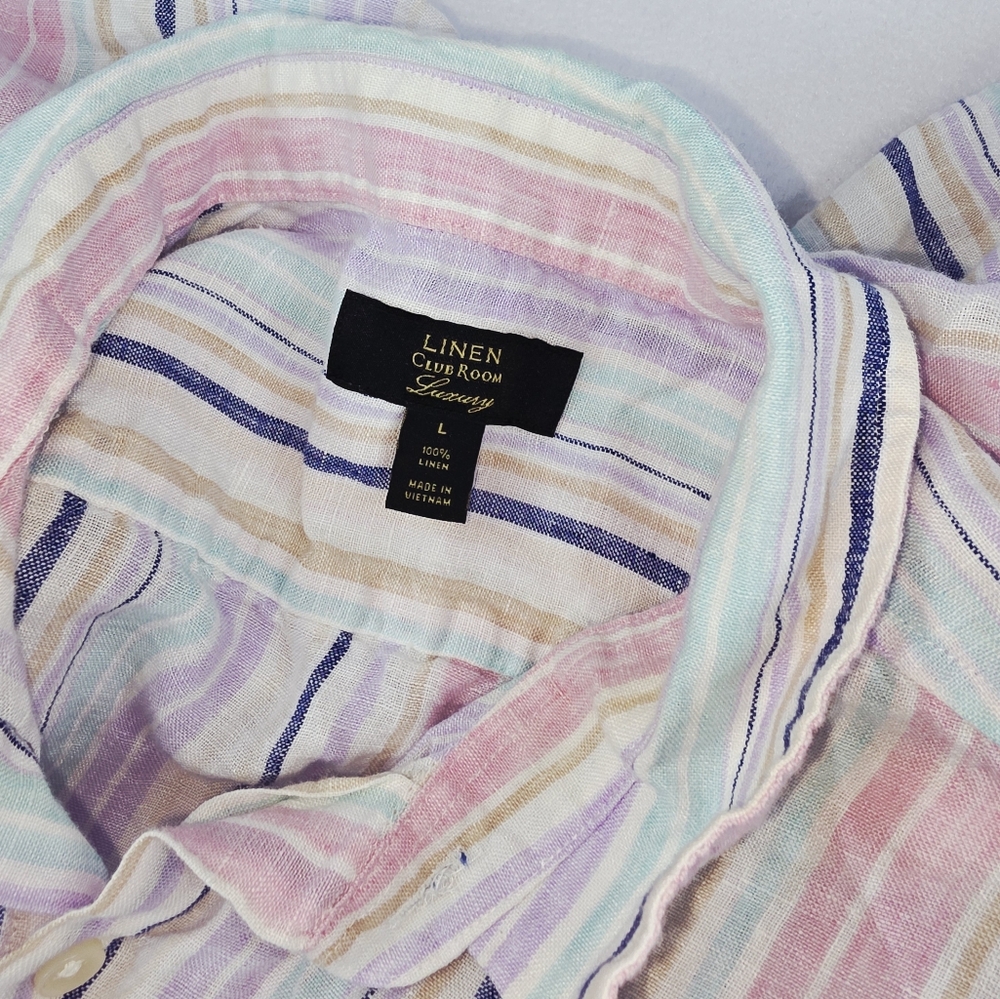 Club Room Luxury Men's Button Front Stripe Linen Shirt Pastel Size Large X-1561 - Picture 6 of 7